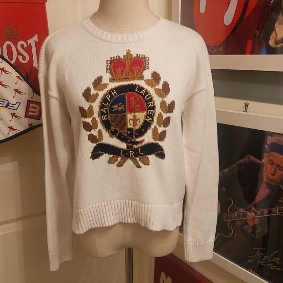 Ralph Lauren Sweaters - Ralph Lauren White Crewneck Sweater with Gold & Navy Crest